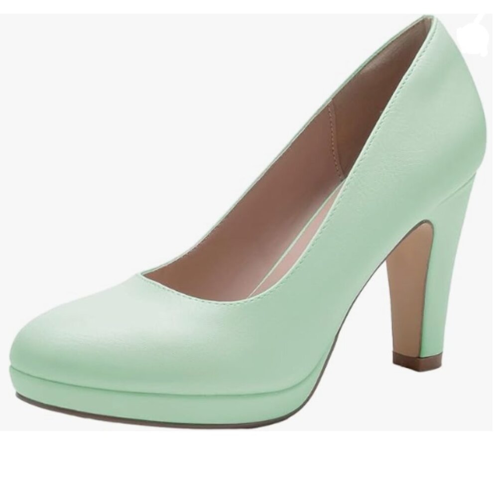 Miss Left Mint Green Low Platform Chunky High Heels Slip On Round Toe Pump